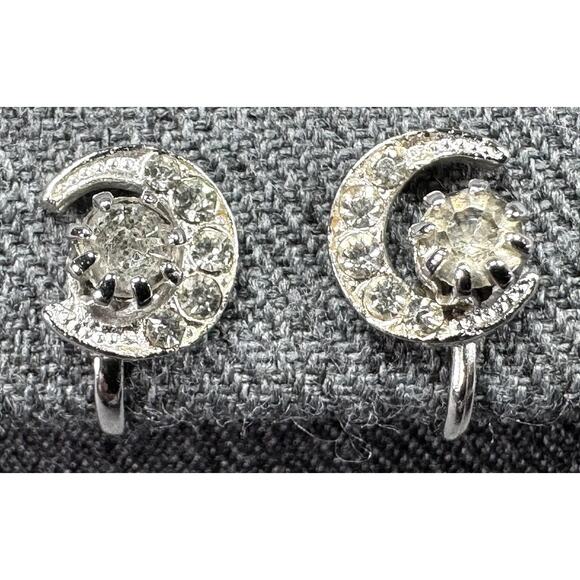 Vintage Crescent Moon and Star Rhinestone Screwback Earrings - Picture 2 of 6
